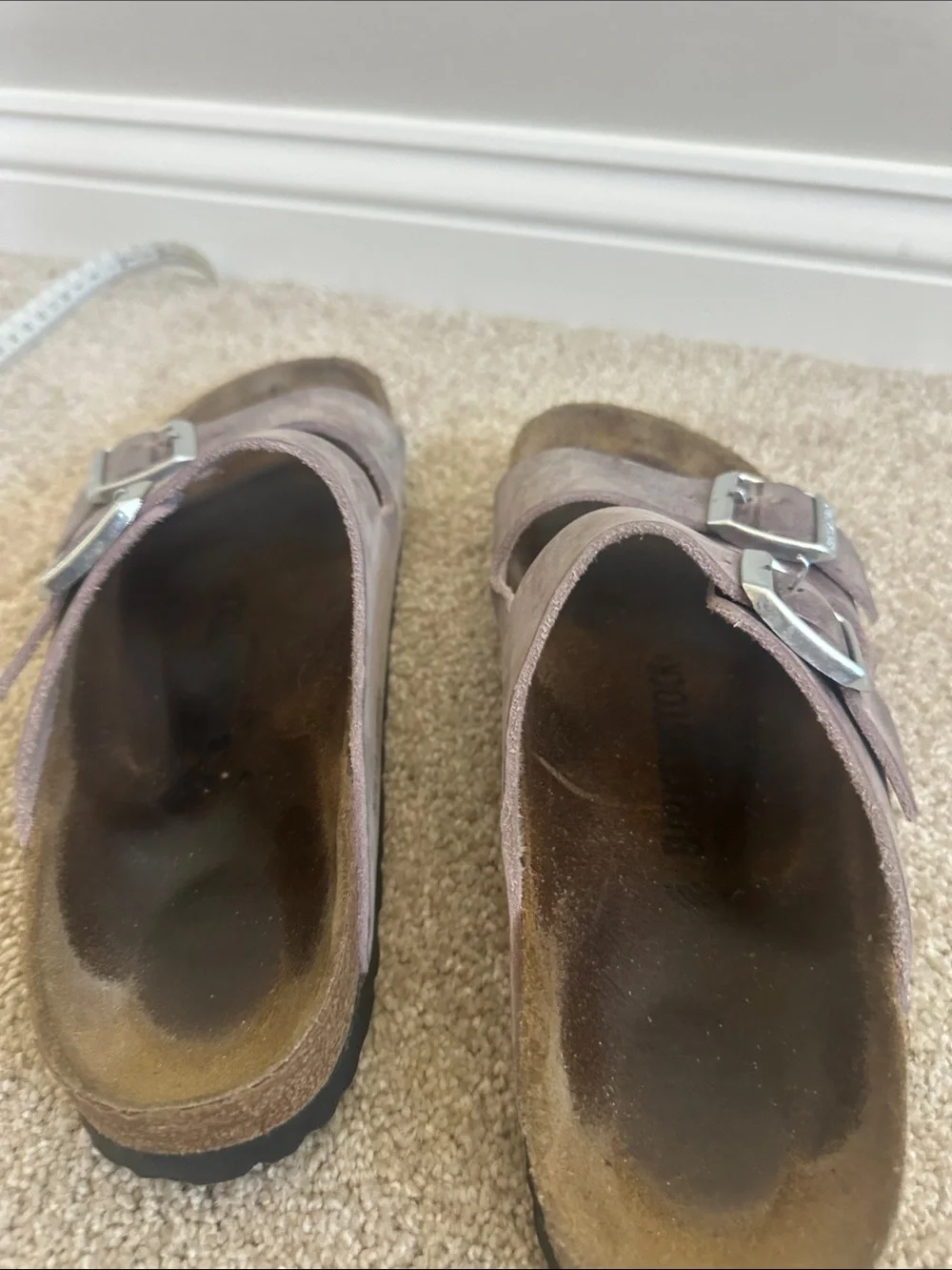 Birkenstock weathered- purple Arizona Sandals with silver Buckles